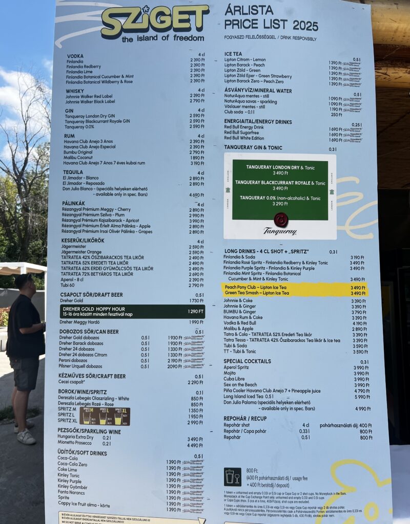 Prijslijst Sziget 2025 